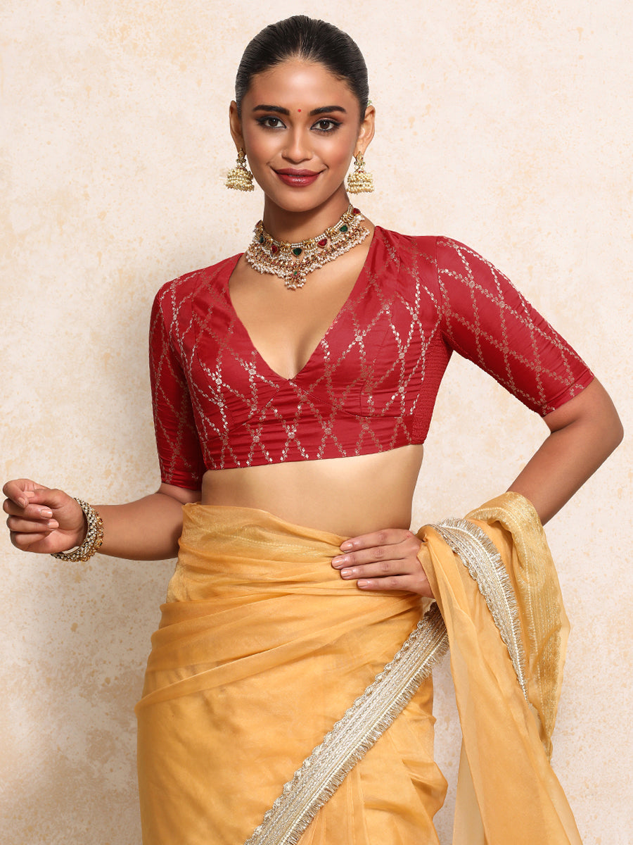 Rubani x Tyohaar | Elbow Sleeves Saree Blouse in Berry Red Vine Mesh Brocade