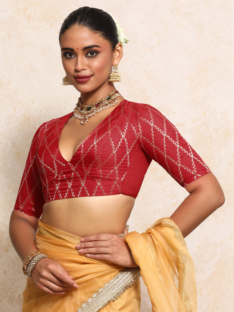 Rubani x Tyohaar | Elbow Sleeves Saree Blouse in Berry Red Vine Mesh Brocade-Binks