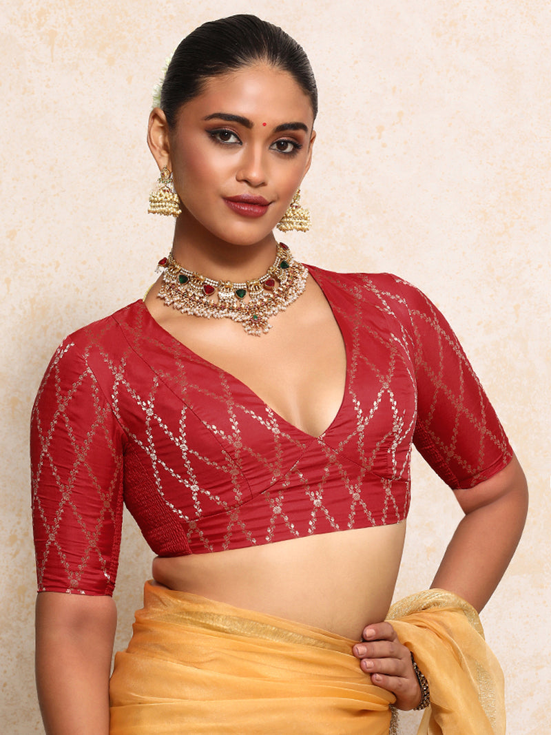 Rubani x Tyohaar | Elbow Sleeves Saree Blouse in Berry Red Vine Mesh Brocade-Binks