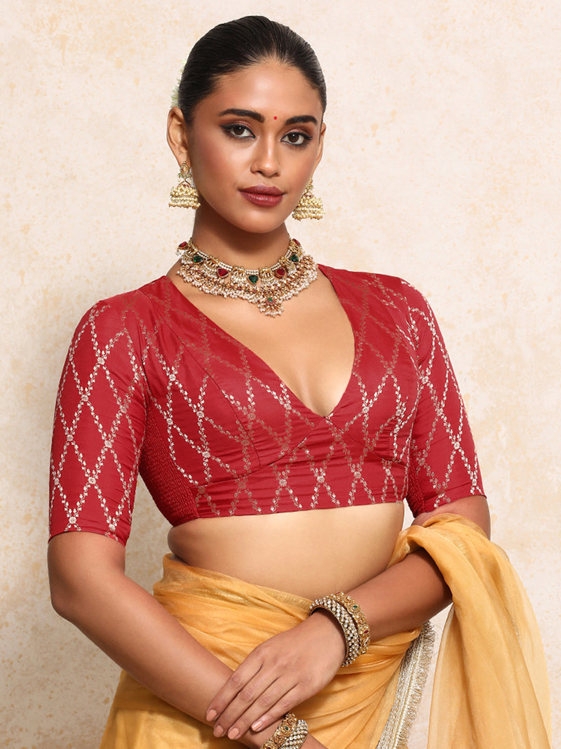 Rubani x Tyohaar | Elbow Sleeves Saree Blouse in Berry Red Vine Mesh Brocade-Binks
