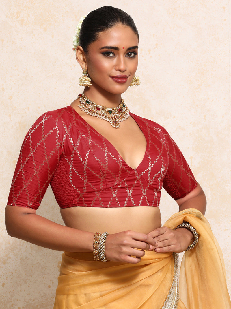 Rubani x Tyohaar | Elbow Sleeves Saree Blouse in Berry Red Vine Mesh Brocade-Binks