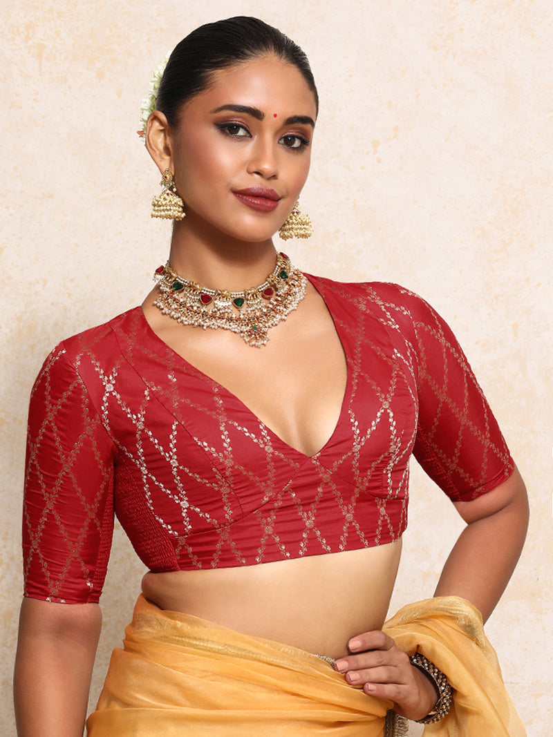 Rubani x Tyohaar | Elbow Sleeves Saree Blouse in Berry Red Vine Mesh Brocade-Binks