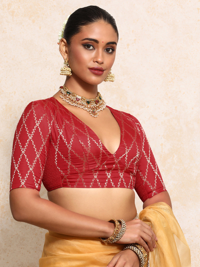 Rubani x Tyohaar | Elbow Sleeves Saree Blouse in Berry Red Vine Mesh Brocade-Binks