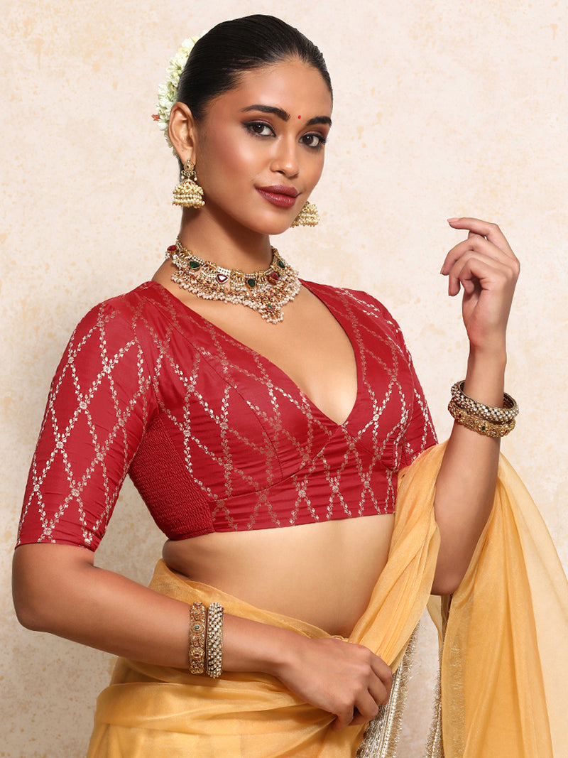 Rubani x Tyohaar | Elbow Sleeves Saree Blouse in Berry Red Vine Mesh Brocade-Binks