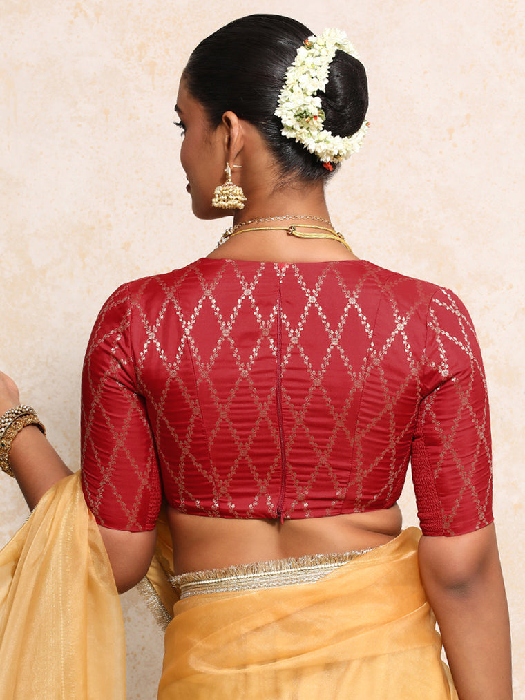 Rubani x Tyohaar Saree Blouse, in Red Viscose Silk Brocade, featuring elbow sleeves and v-neckline, made for party & festive.