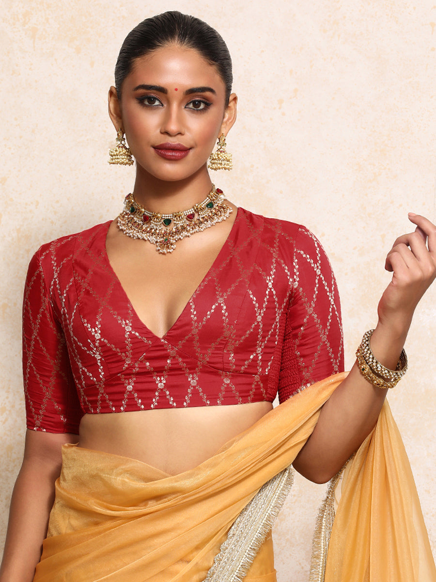 Rubani x Tyohaar Saree Blouse, in Red Viscose Silk Brocade, featuring elbow sleeves and v-neckline, made for party & festive.