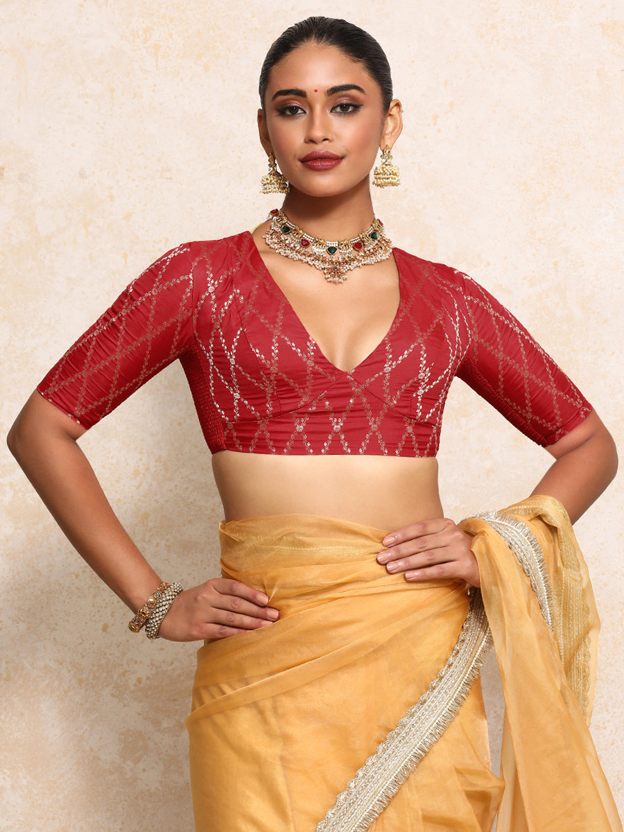 Rubani x Tyohaar Saree Blouse, in Red Viscose Silk Brocade, featuring elbow sleeves and v-neckline, made for party & festive.