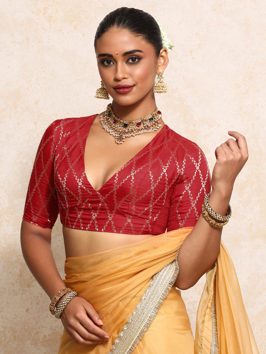 Rubani x Tyohaar Saree Blouse, in Red Viscose Silk Brocade, featuring elbow sleeves and v-neckline, made for party & festive.