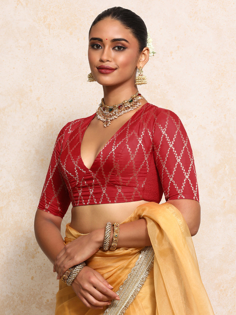 Rubani x Tyohaar | Elbow Sleeves Saree Blouse in Berry Red Vine Mesh Brocade-Binks