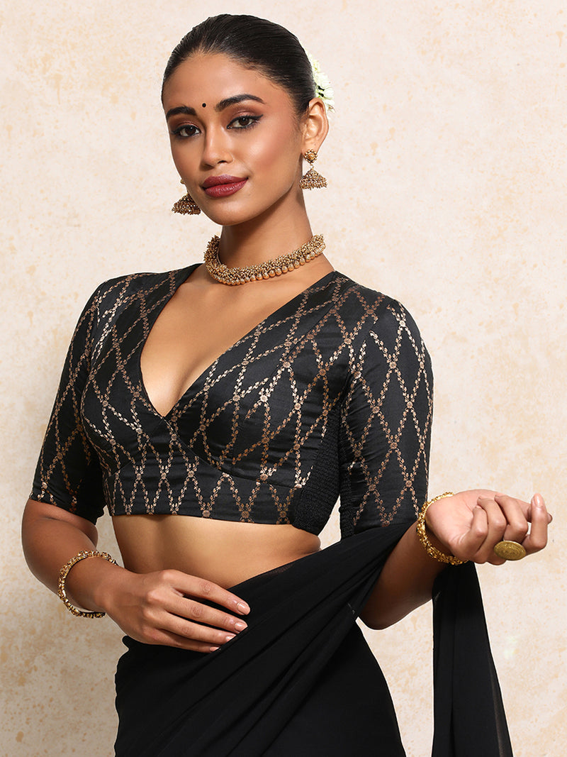 Rubani x Tyohaar | Elbow Sleeves Saree Blouse in Cosmic Black Vine Mesh Brocade-Binks