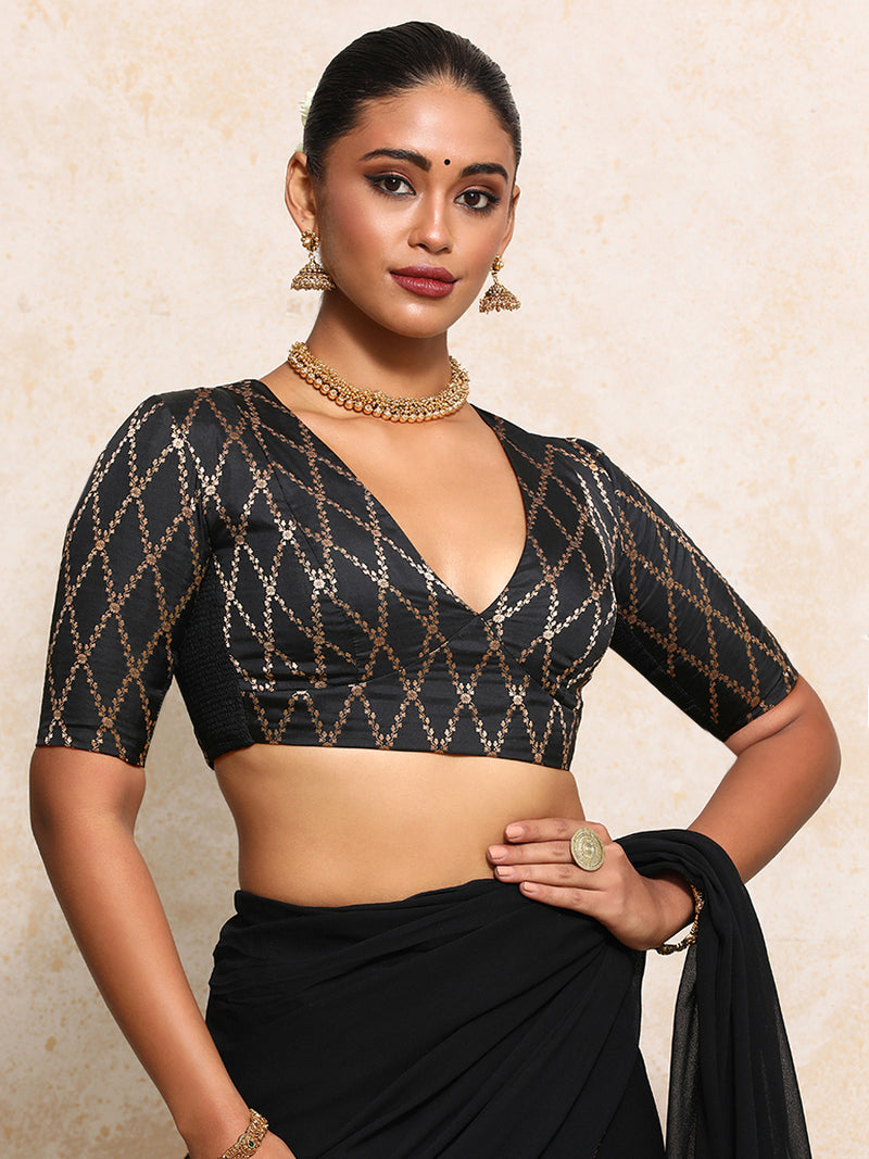 Rubani x Tyohaar | Elbow Sleeves Saree Blouse in Cosmic Black Vine Mesh Brocade-Binks