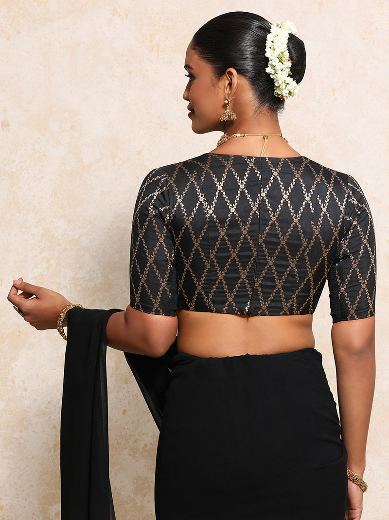 Rubani x Tyohaar | Elbow Sleeves Saree Blouse in Cosmic Black Vine Mesh Brocade-Binks