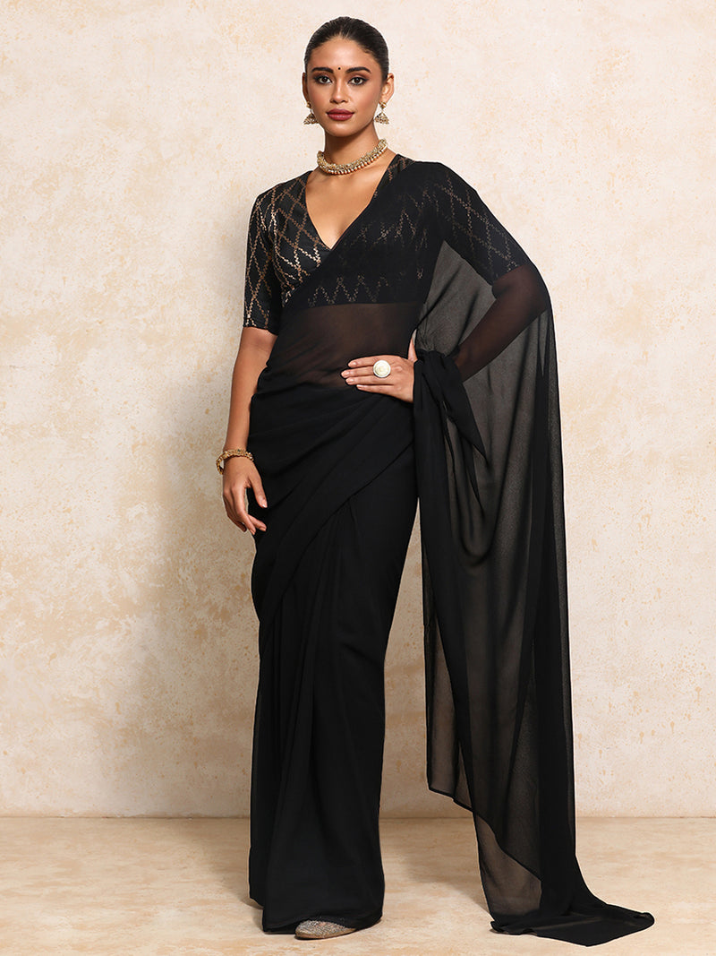 Rubani x Tyohaar | Elbow Sleeves Saree Blouse in Cosmic Black Vine Mesh Brocade-Binks