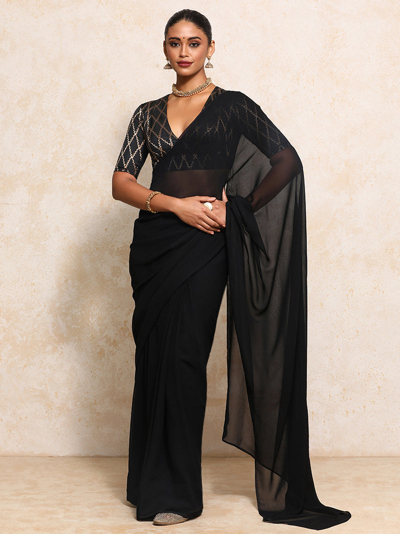 Rubani x Tyohaar | Elbow Sleeves Saree Blouse in Cosmic Black Vine Mesh Brocade-Binks