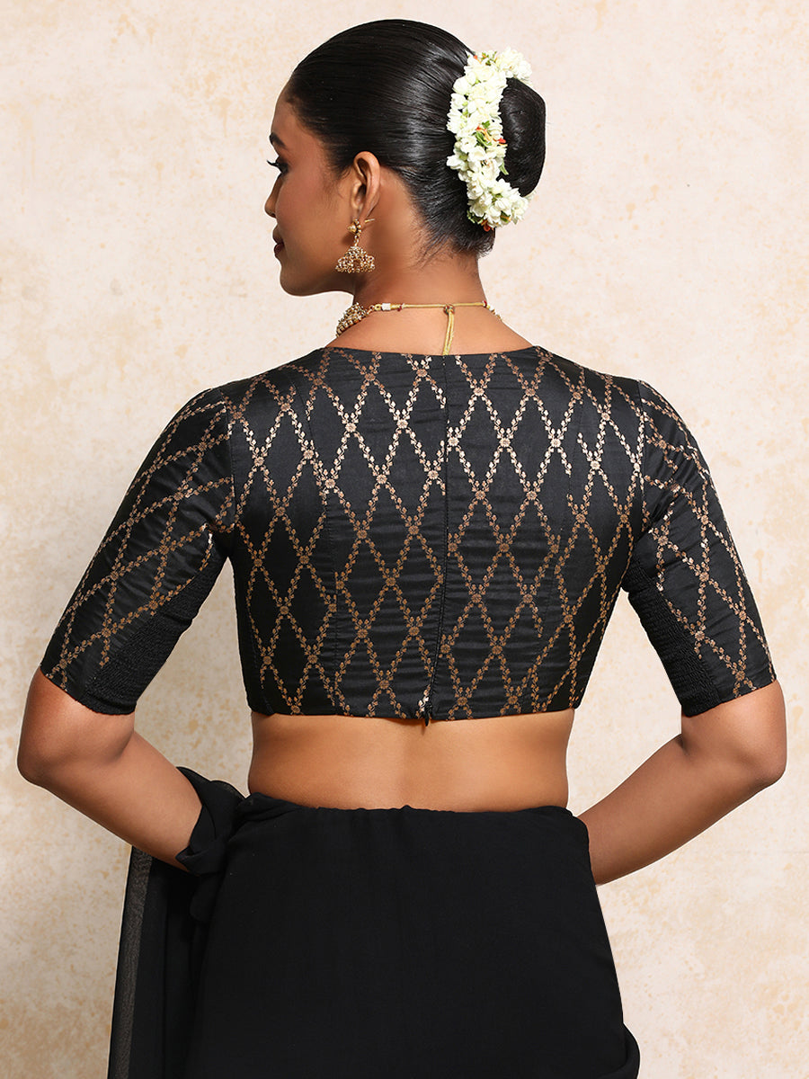 Rubani x Tyohaar Saree Blouse, in Black Viscose Silk Brocade, featuring elbow sleeves and v-neckline (view 2).