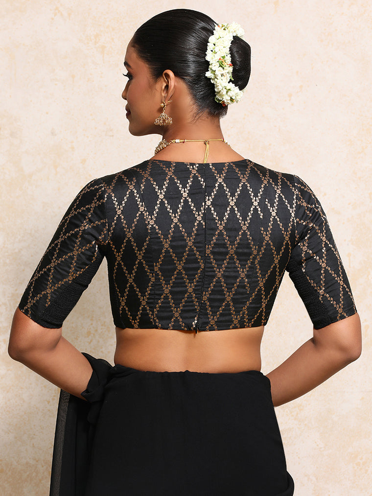 Rubani x Tyohaar Saree Blouse, in Black Viscose Silk Brocade, featuring elbow sleeves and v-neckline (view 2).