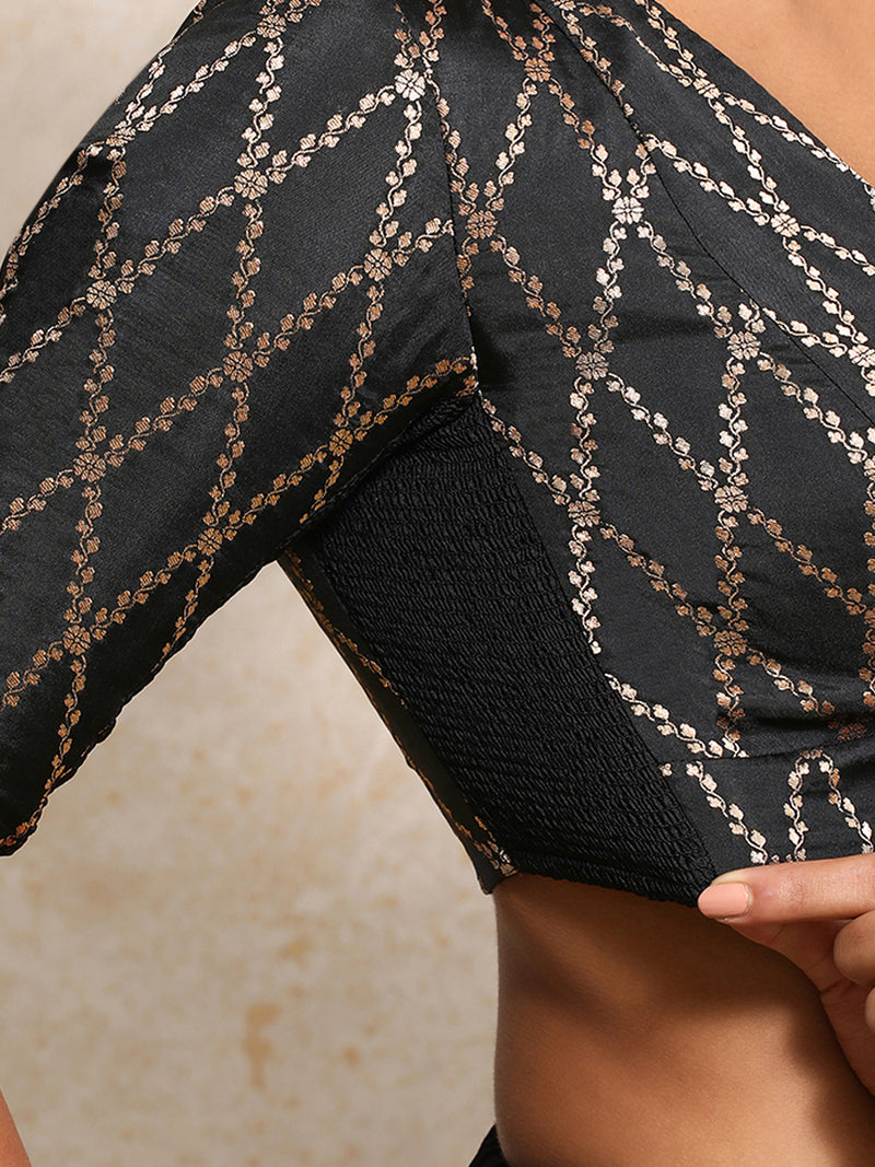 Rubani x Tyohaar | Elbow Sleeves Saree Blouse in Cosmic Black Vine Mesh Brocade-Binks