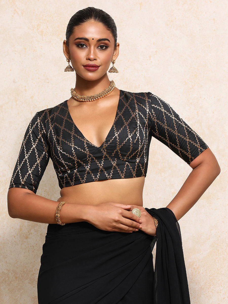 Rubani x Tyohaar Saree Blouse, in Black Viscose Silk Brocade, featuring elbow sleeves and v-neckline (view 8).