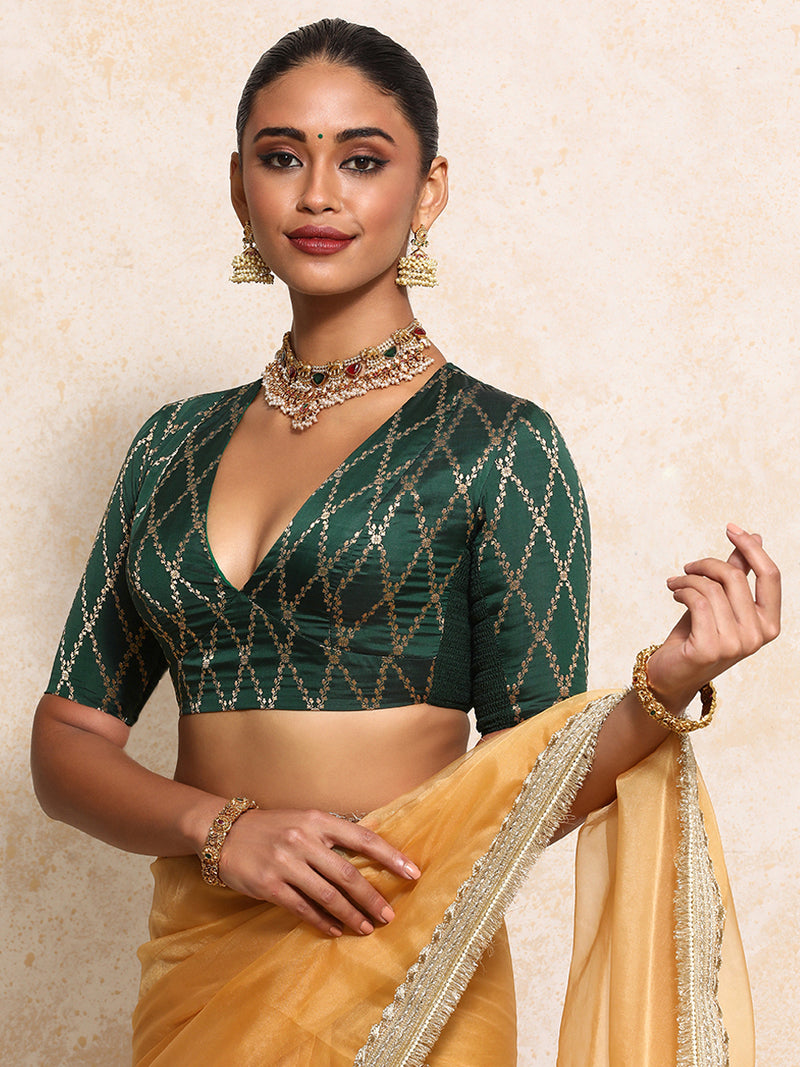 Rubani x Tyohaar | Elbow Sleeves Saree Blouse in Dark Green Vine Mesh Brocade-Binks