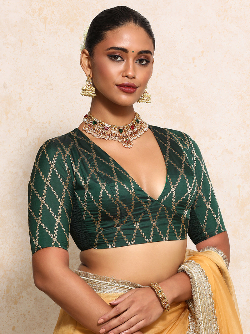 Rubani x Tyohaar | Elbow Sleeves Saree Blouse in Dark Green Vine Mesh Brocade-Binks