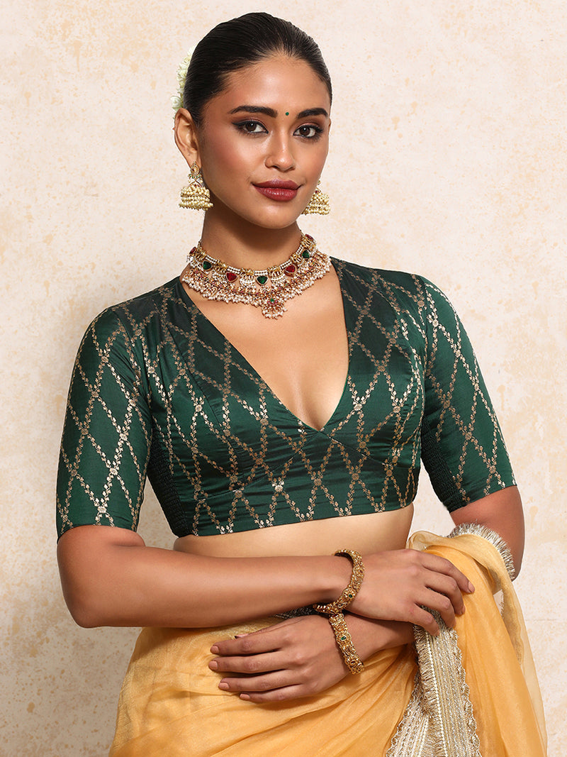Rubani x Tyohaar | Elbow Sleeves Saree Blouse in Dark Green Vine Mesh Brocade-Binks