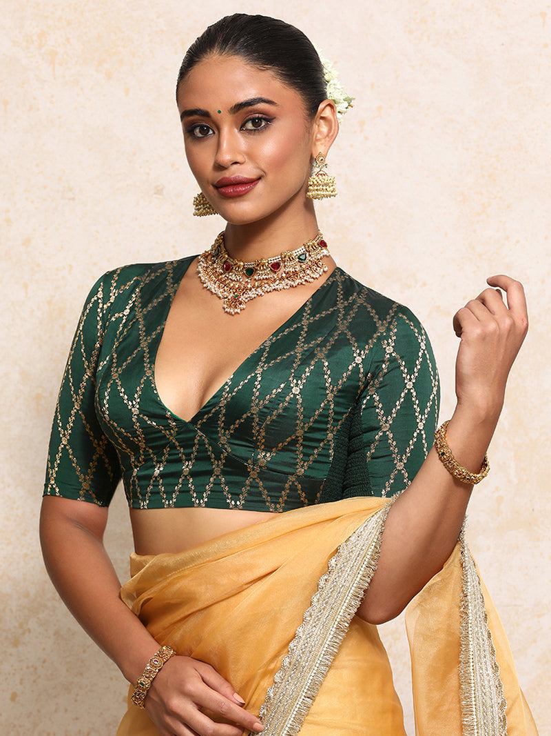 Rubani x Tyohaar | Elbow Sleeves Saree Blouse in Dark Green Vine Mesh Brocade-Binks