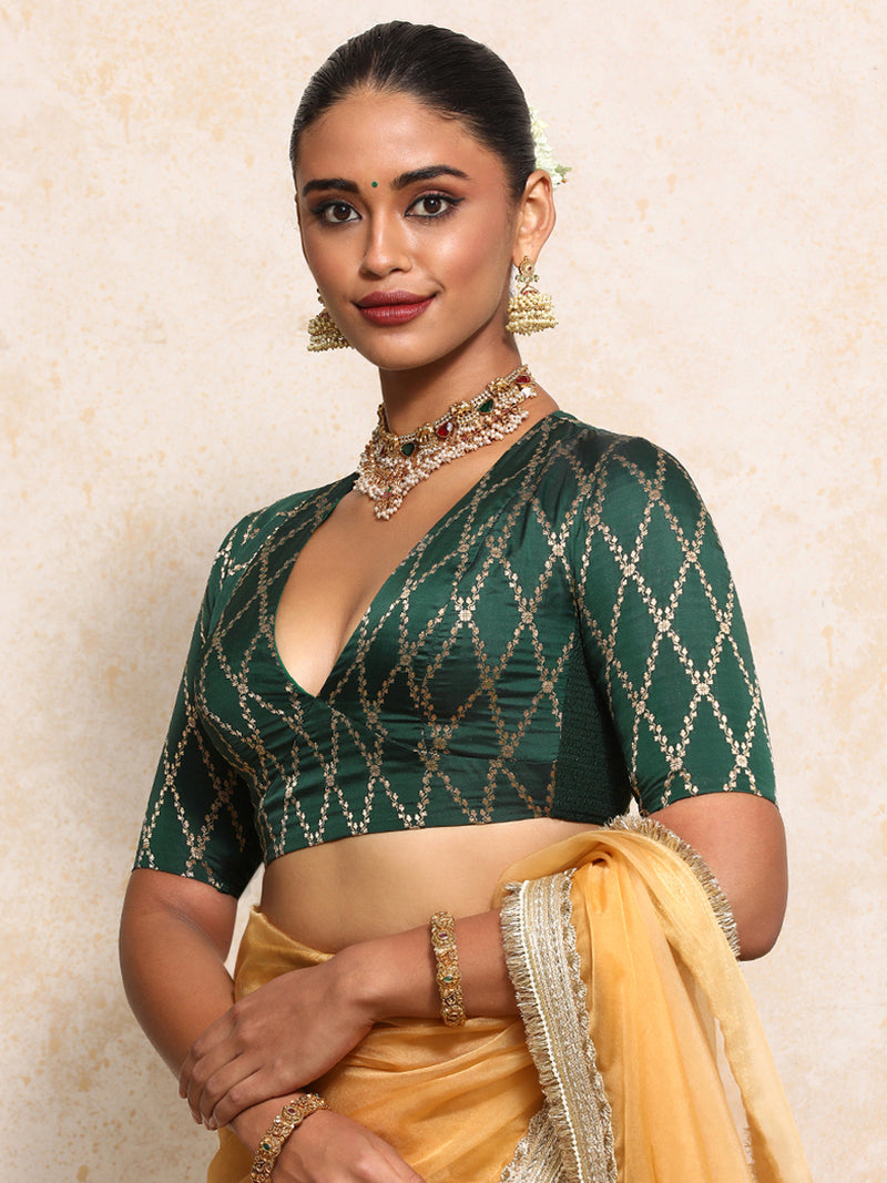 Rubani x Tyohaar | Elbow Sleeves Saree Blouse in Dark Green Vine Mesh Brocade-Binks