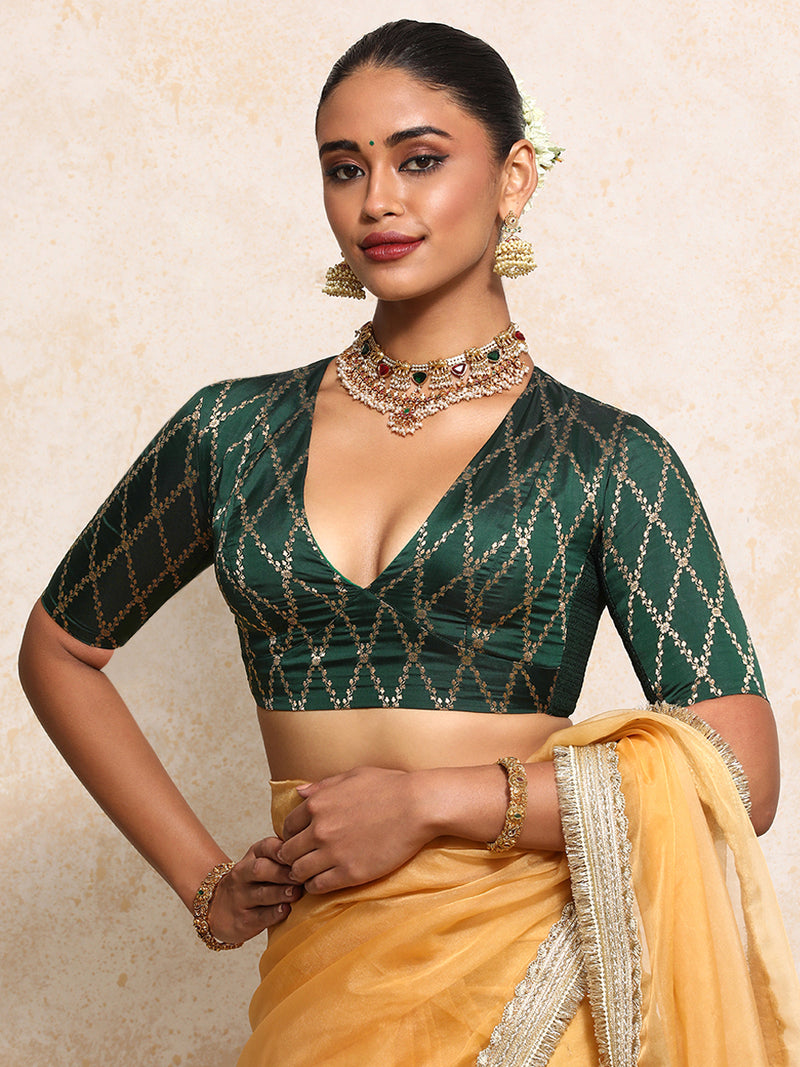 Rubani x Tyohaar | Elbow Sleeves Saree Blouse in Dark Green Vine Mesh Brocade-Binks