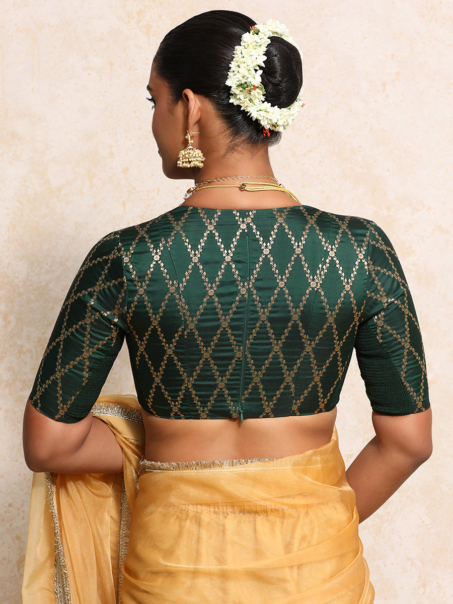 Rubani x Tyohaar Saree Blouse, in Green Viscose Silk Brocade, featuring elbow sleeves and v-neckline (view 2).