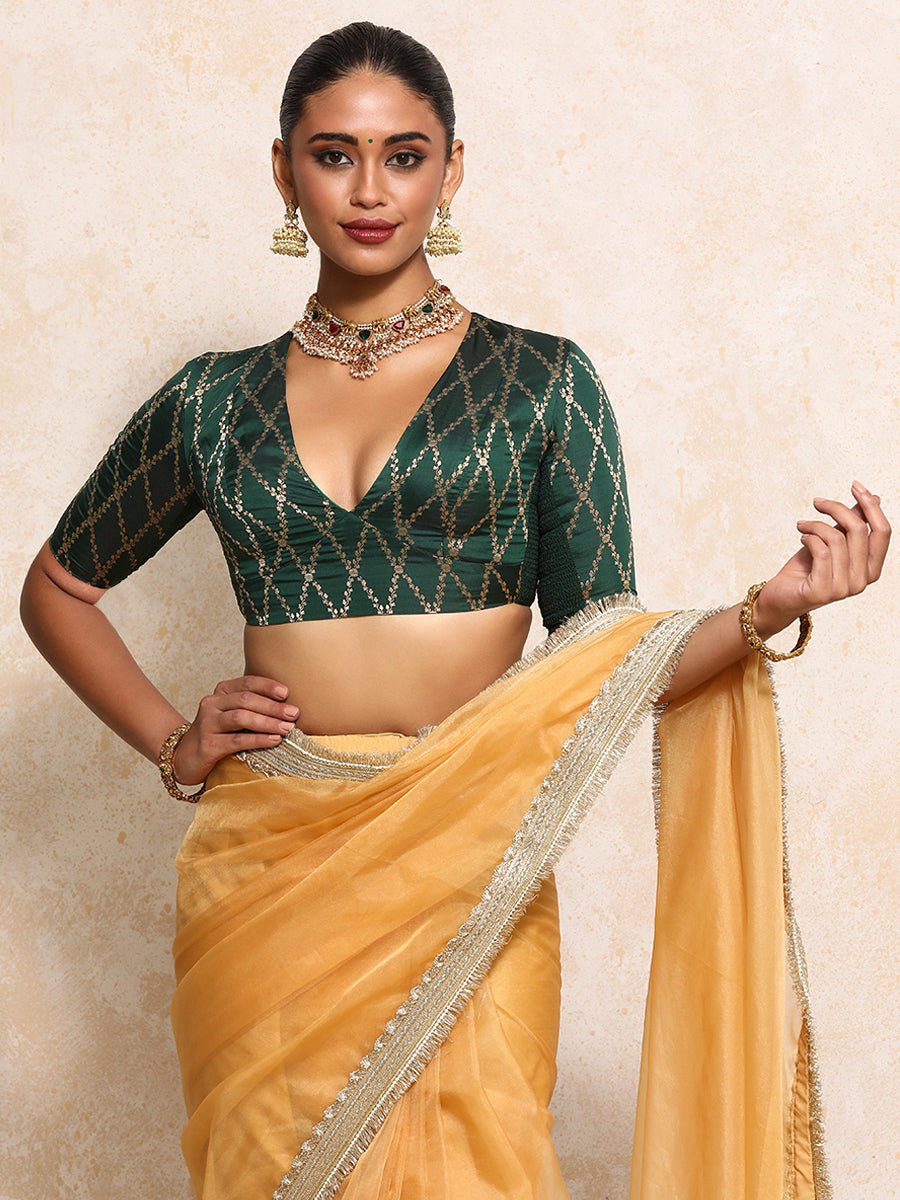 Rubani x Tyohaar Saree Blouse, in Green Viscose Silk Brocade, featuring elbow sleeves and v-neckline (view 6).
