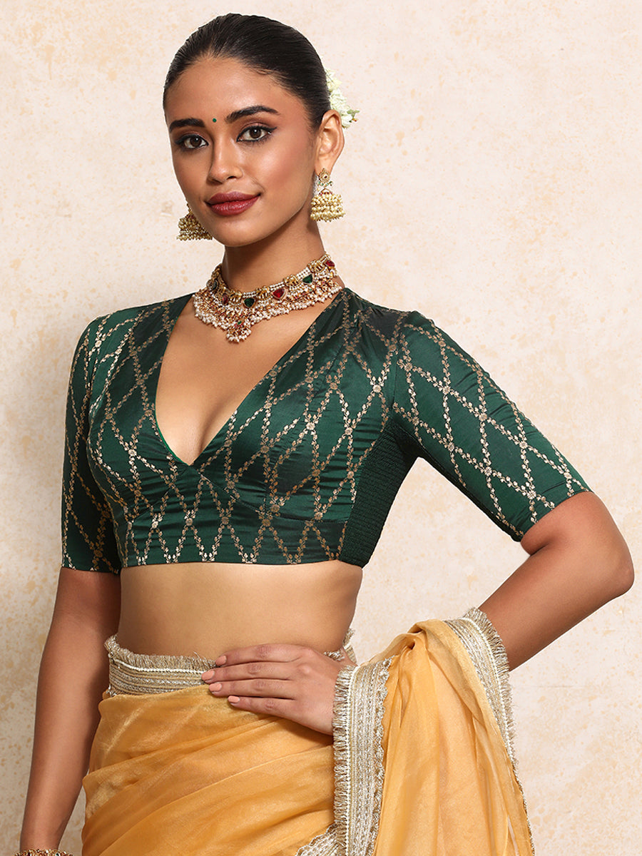 Rubani x Tyohaar Saree Blouse, in Green Viscose Silk Brocade, featuring elbow sleeves and v-neckline (view 8).