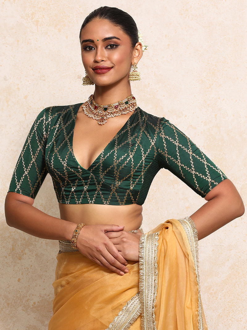 Rubani x Tyohaar | Elbow Sleeves Saree Blouse in Dark Green Vine Mesh Brocade-Binks