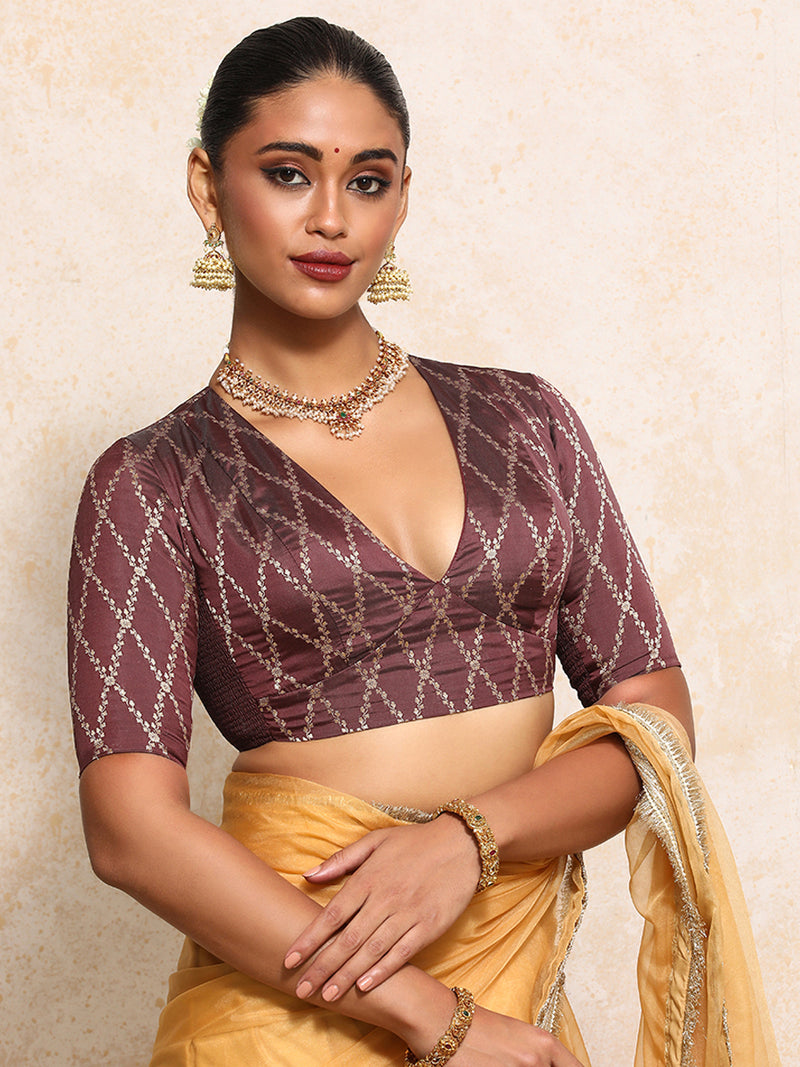 Rubani x Tyohaar | Elbow Sleeves Saree Blouse in Deep Burgundy Vine Mesh Brocade-Binks