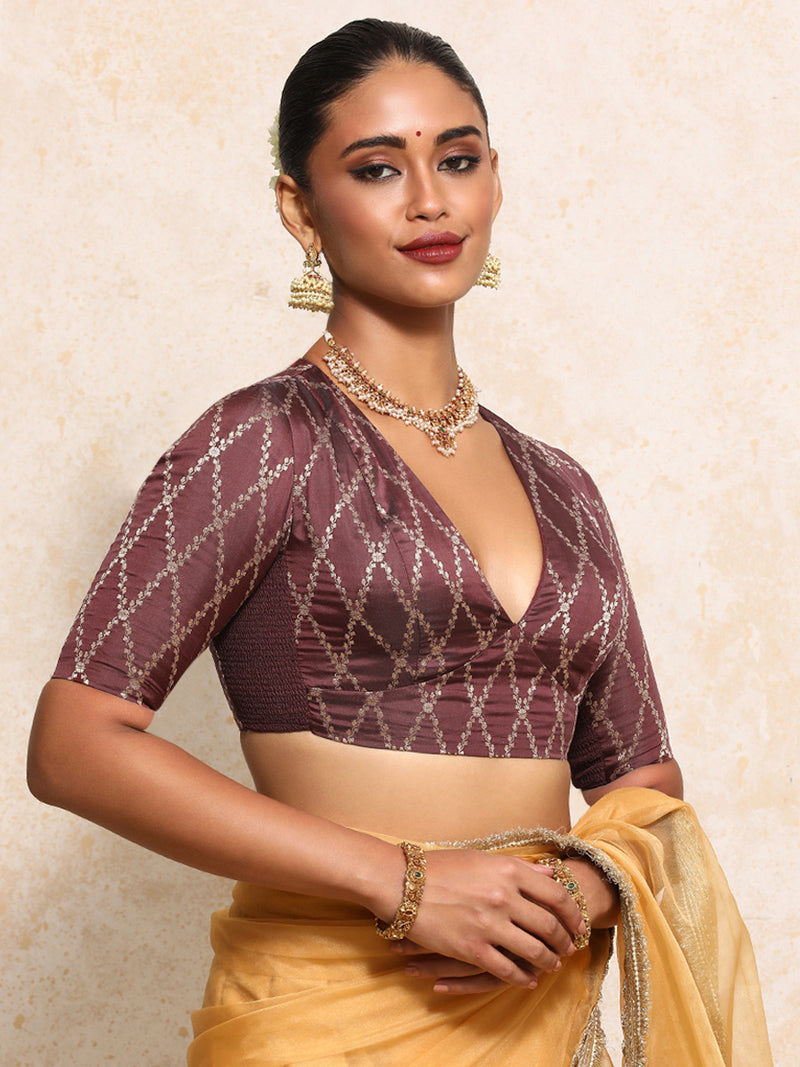 Rubani x Tyohaar | Elbow Sleeves Saree Blouse in Deep Burgundy Vine Mesh Brocade-Binks