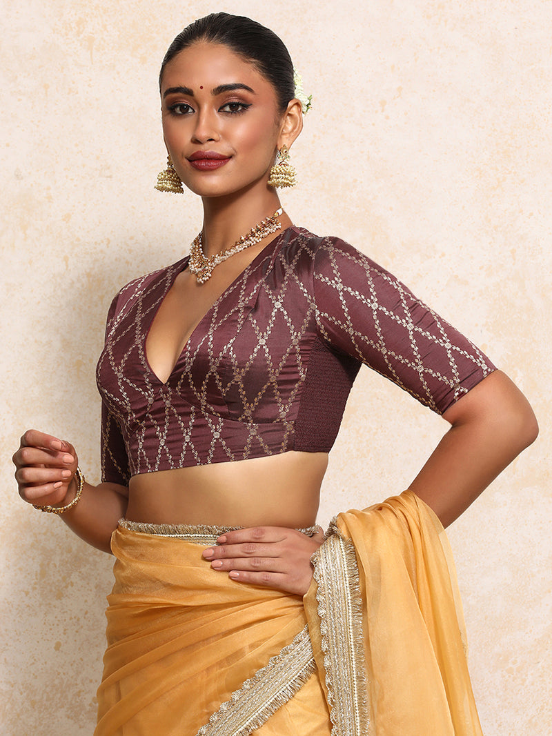 Rubani x Tyohaar | Elbow Sleeves Saree Blouse in Deep Burgundy Vine Mesh Brocade-Binks