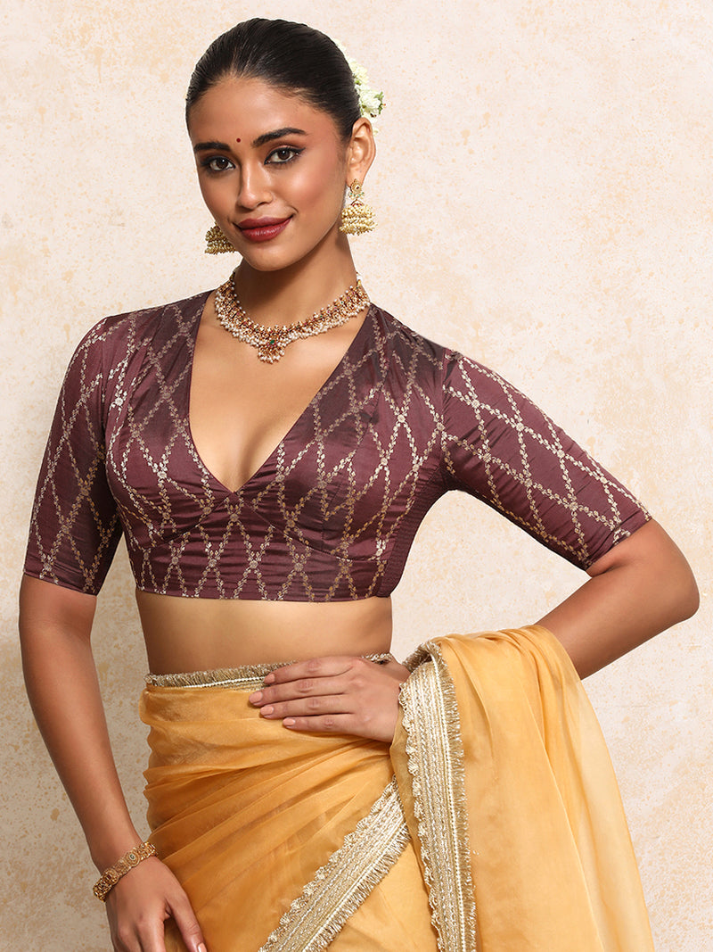 Rubani x Tyohaar | Elbow Sleeves Saree Blouse in Deep Burgundy Vine Mesh Brocade-Binks