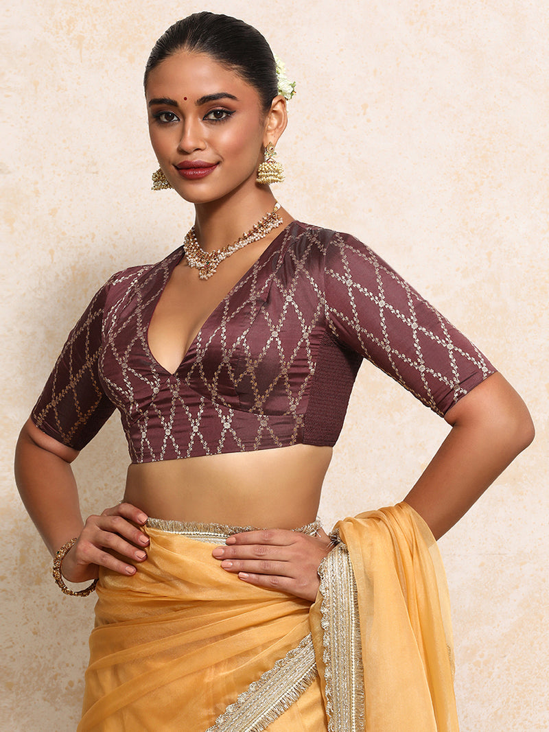 Rubani x Tyohaar | Elbow Sleeves Saree Blouse in Deep Burgundy Vine Mesh Brocade-Binks
