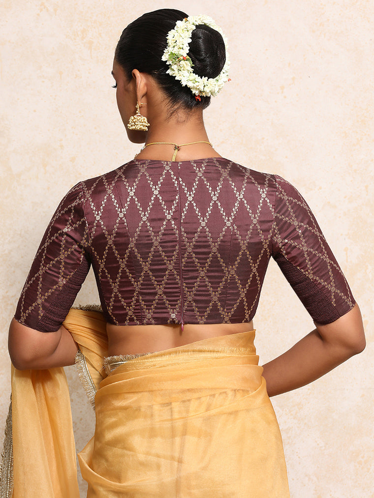Rubani x Tyohaar Saree Blouse, in Maroon Viscose Silk Brocade, featuring elbow sleeves and v-neckline (view 2).