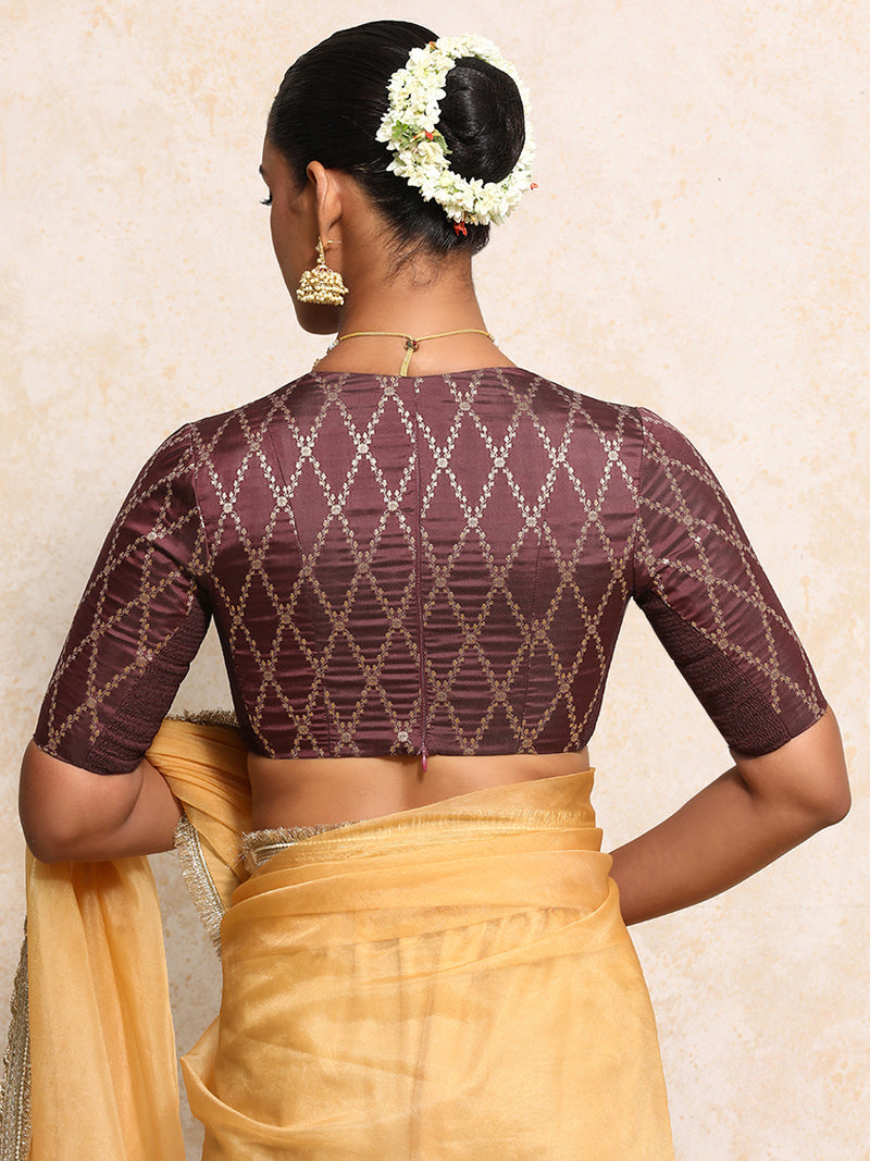 Rubani x Tyohaar | Elbow Sleeves Saree Blouse in Deep Burgundy Vine Mesh Brocade-Binks