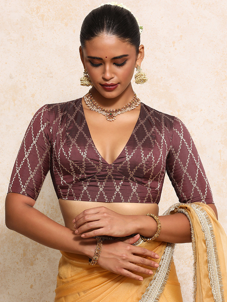 Rubani x Tyohaar Saree Blouse, in Maroon Viscose Silk Brocade, featuring elbow sleeves and v-neckline (view 7).