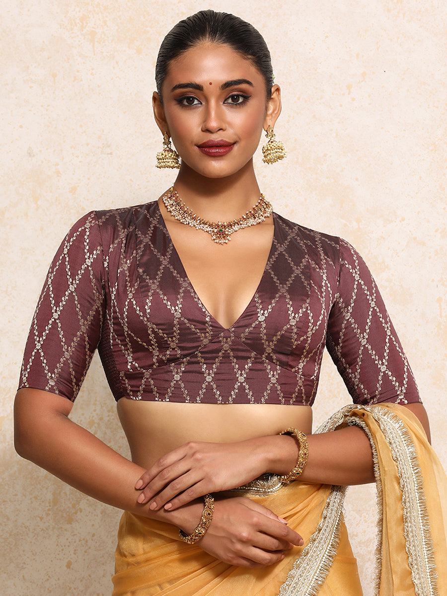 Rubani x Tyohaar Saree Blouse, in Maroon Viscose Silk Brocade, featuring elbow sleeves and v-neckline (view 8).