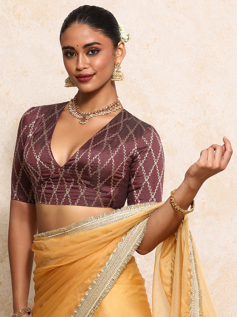 Rubani x Tyohaar | Elbow Sleeves Saree Blouse in Deep Burgundy Vine Mesh Brocade-Binks