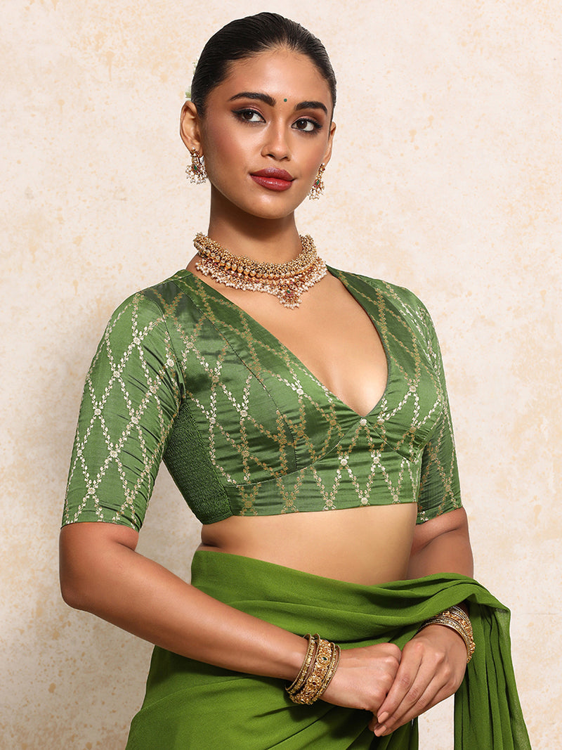 Rubani x Tyohaar | Elbow Sleeves Saree Blouse in Deep Olive Vine Mesh Brocade-Binks