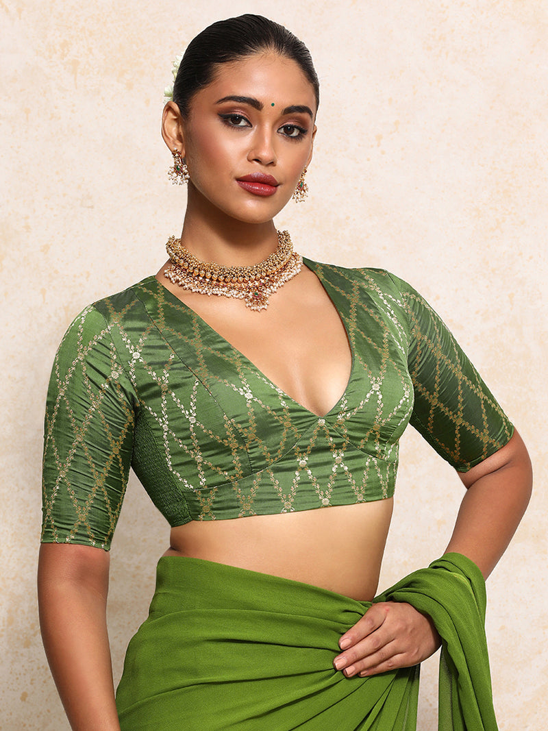 Rubani x Tyohaar | Elbow Sleeves Saree Blouse in Deep Olive Vine Mesh Brocade-Binks