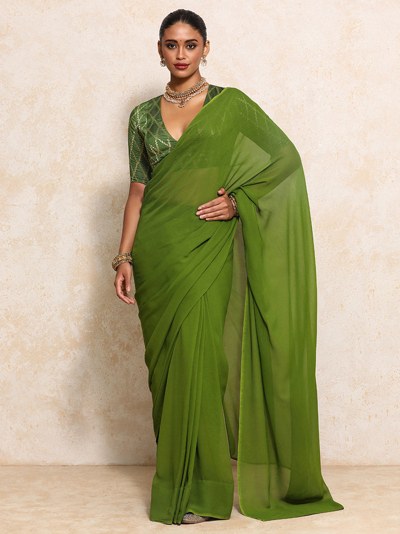 Rubani x Tyohaar | Elbow Sleeves Saree Blouse in Deep Olive Vine Mesh Brocade-Binks