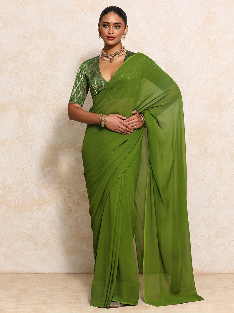 Rubani x Tyohaar | Elbow Sleeves Saree Blouse in Deep Olive Vine Mesh Brocade-Binks