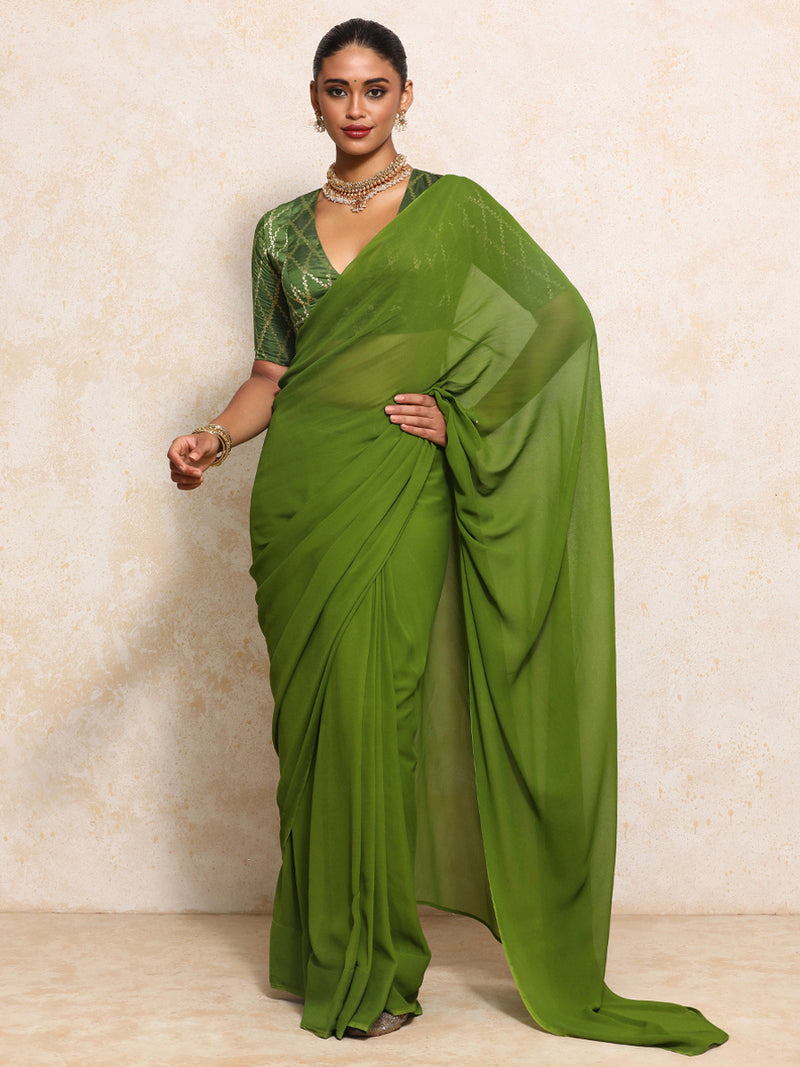 Rubani x Tyohaar | Elbow Sleeves Saree Blouse in Deep Olive Vine Mesh Brocade-Binks