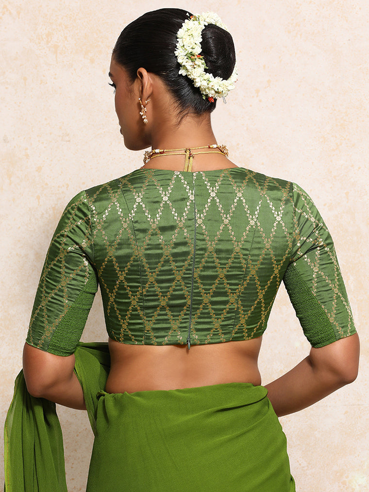Rubani x Tyohaar Saree Blouse, in Green Viscose Silk Brocade, featuring elbow sleeves and v-neckline (view 2).