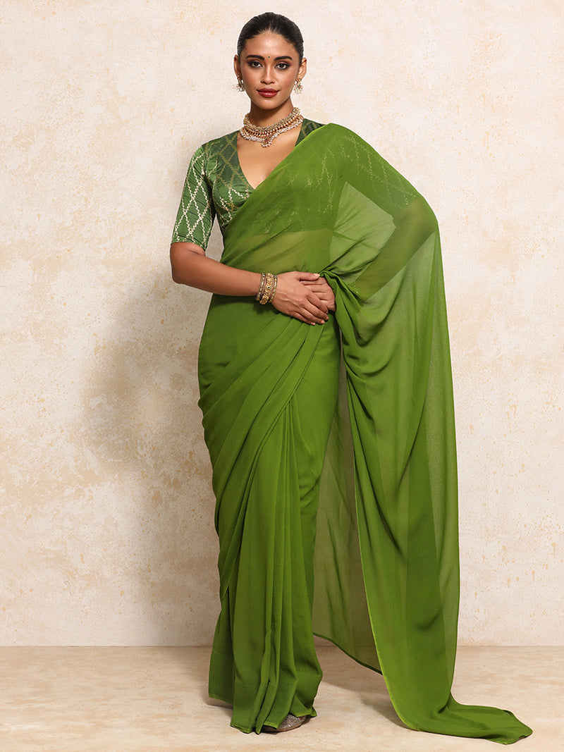 Rubani x Tyohaar | Elbow Sleeves Saree Blouse in Deep Olive Vine Mesh Brocade-Binks