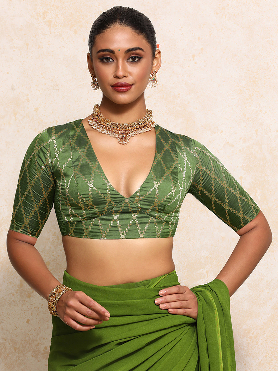 Rubani x Tyohaar Saree Blouse, in Green Viscose Silk Brocade, featuring elbow sleeves and v-neckline (view 7).